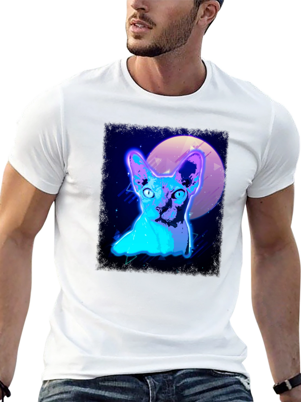 Retro Synthwave Cat Graphic Tee - Black T-Shirt