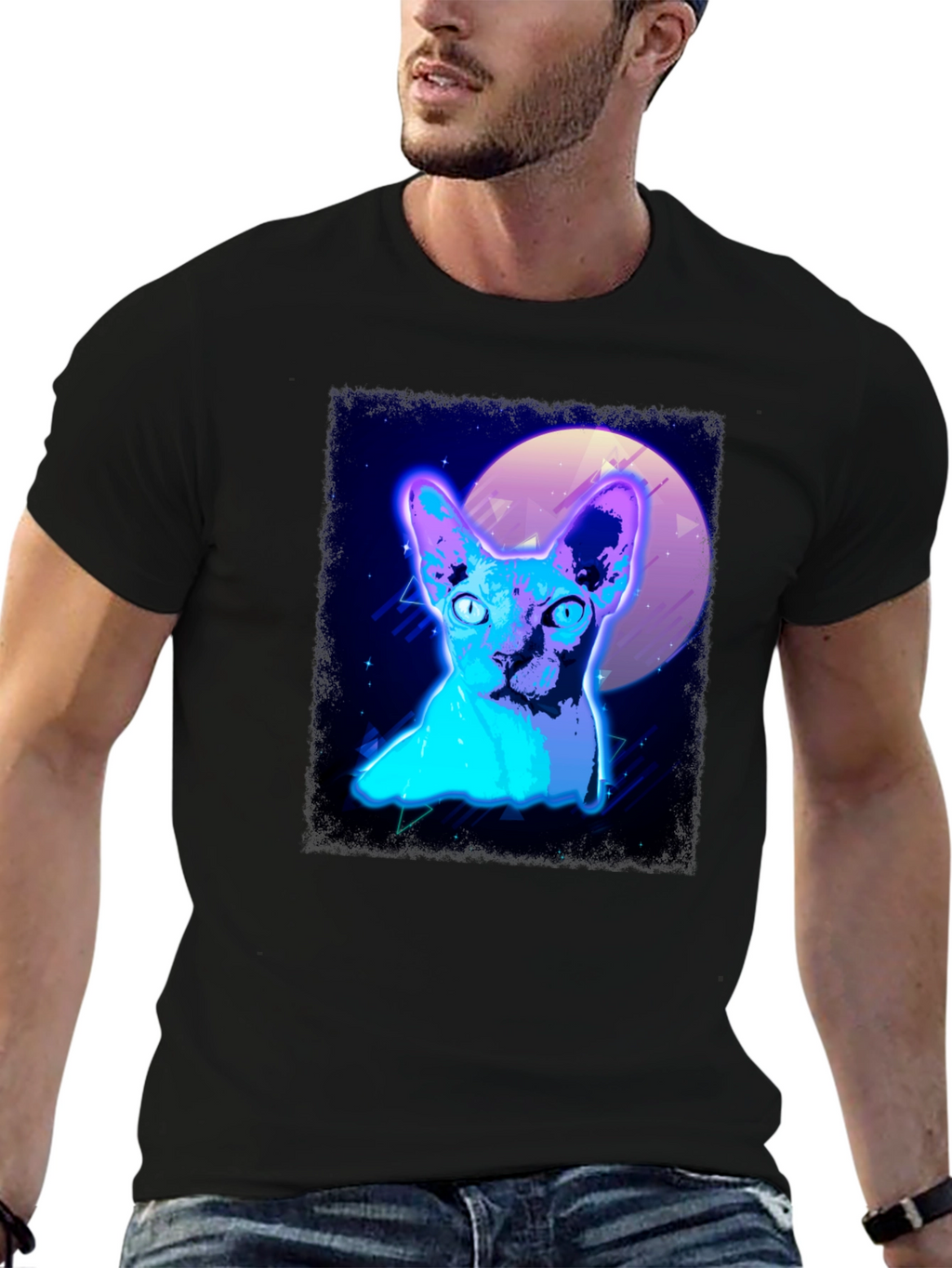 Retro Synthwave Cat Graphic Tee - Black T-Shirt