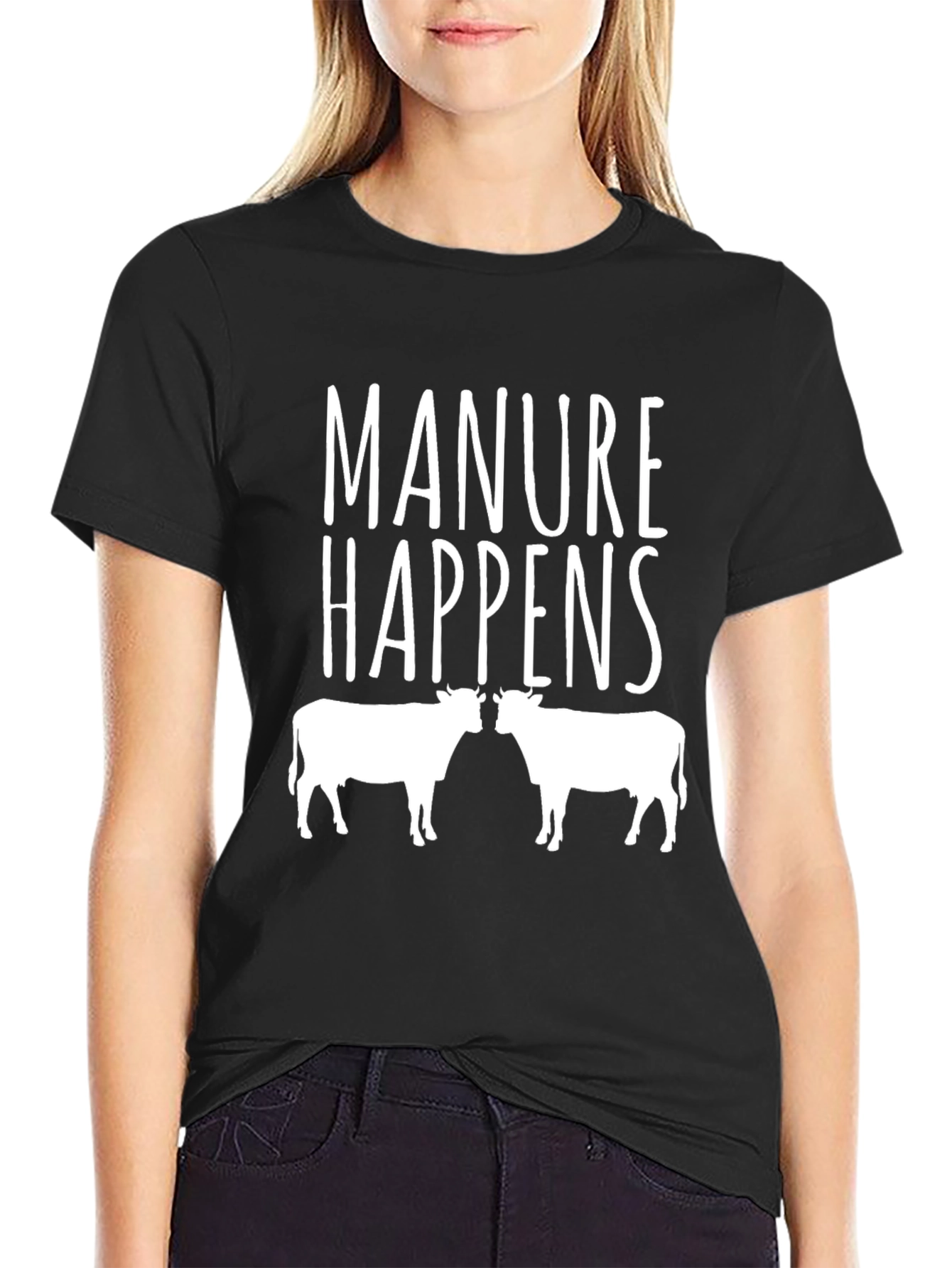 Manure Happens Cow Graphic Black T-Shirt