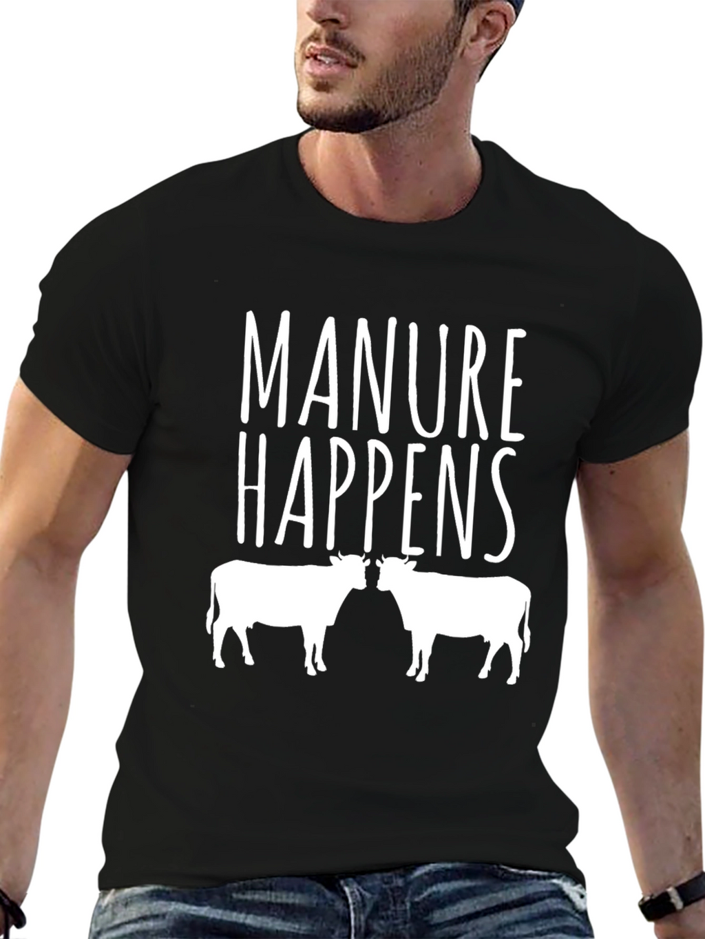 Manure Happens Cow Graphic Black T-Shirt