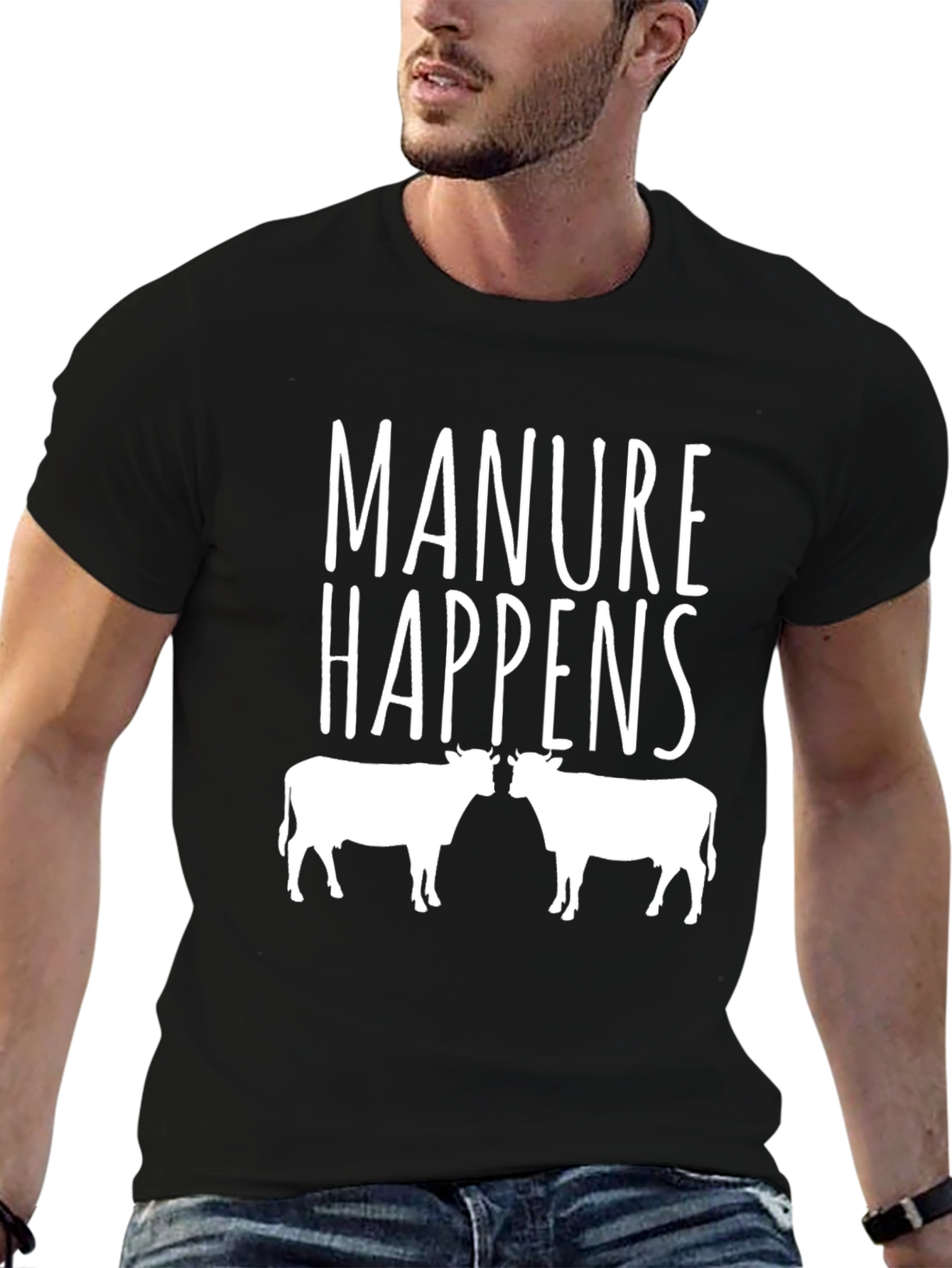 Manure Happens Cow Graphic Black T-Shirt