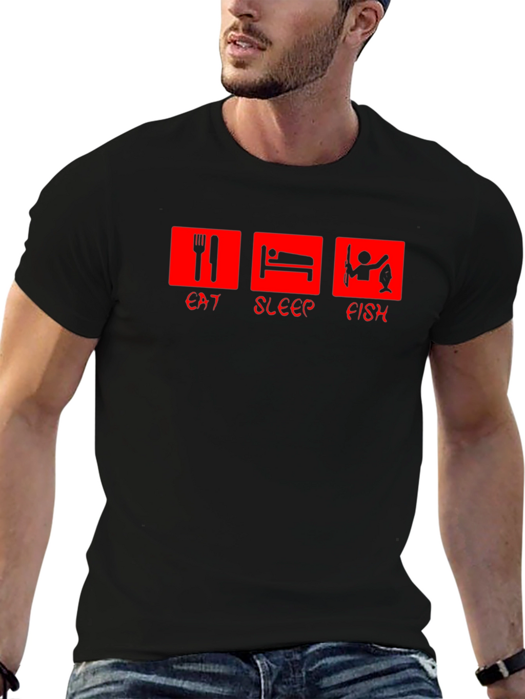 Eat Sleep Fish Graphic Tee - Black Cotton T-Shirt