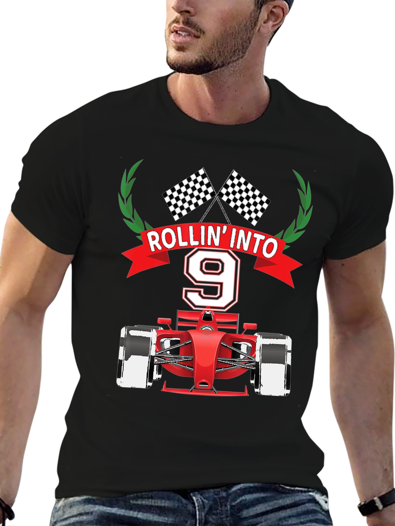 Rollin Into 9 T-Shirt Race Car Birthday Tee
