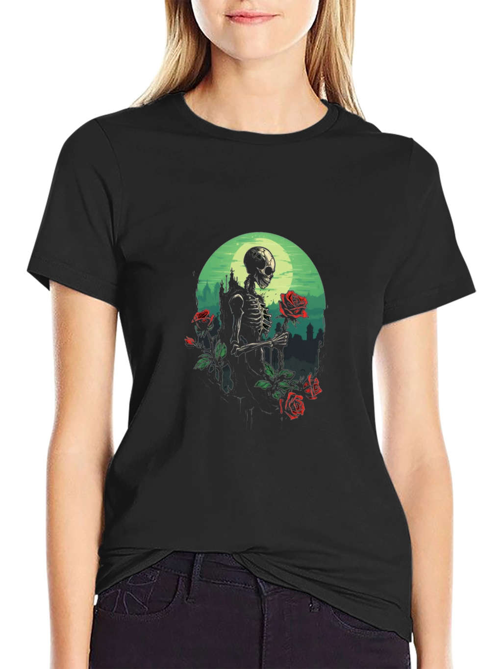 Skeleton & Roses Graphic Tee - Gothic Style
