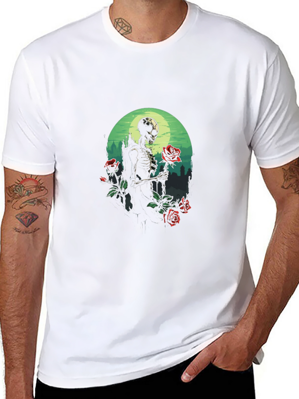 Skeleton & Roses Graphic Tee - Gothic Style