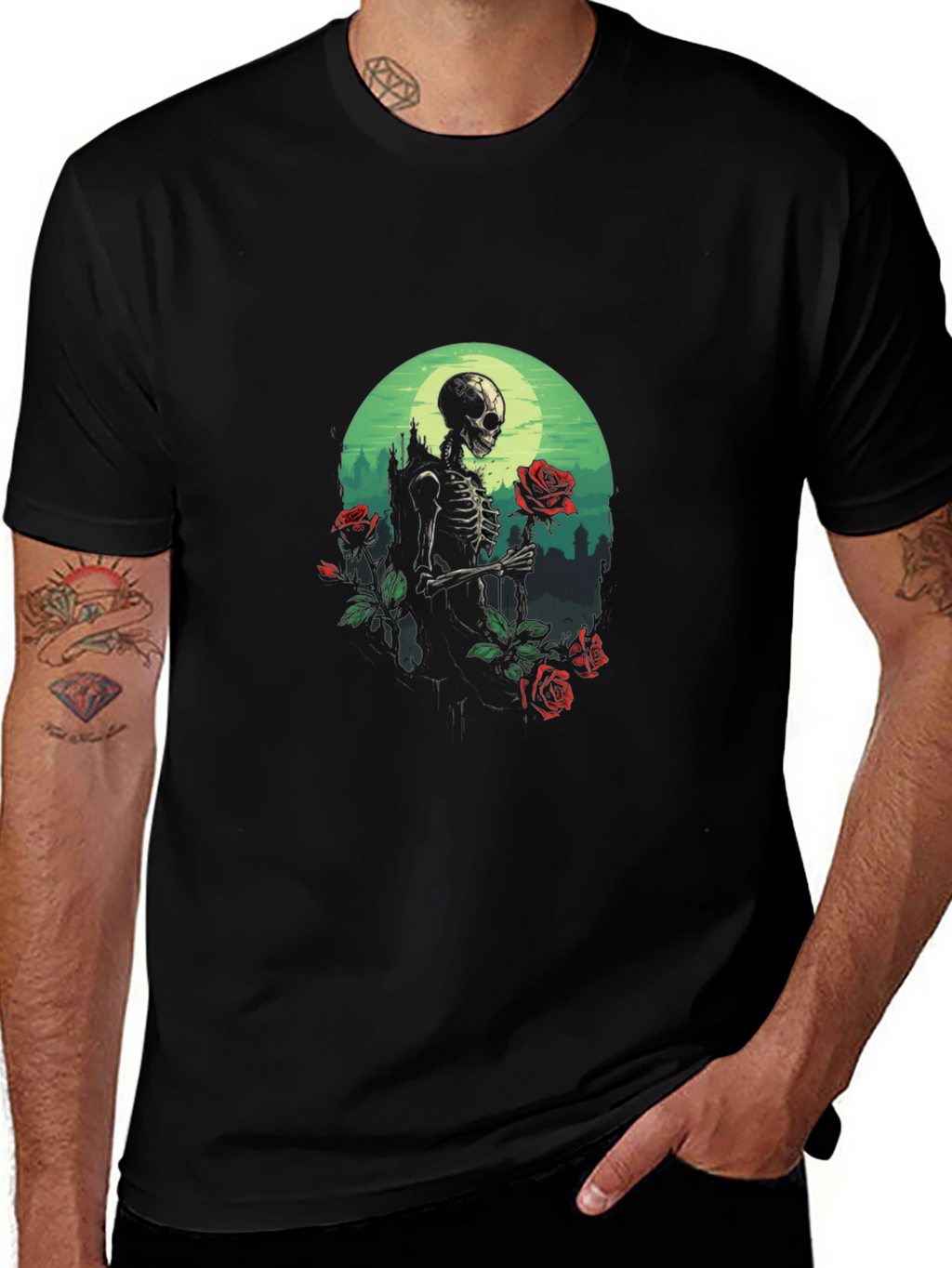 Skeleton & Roses Graphic Tee - Gothic Style