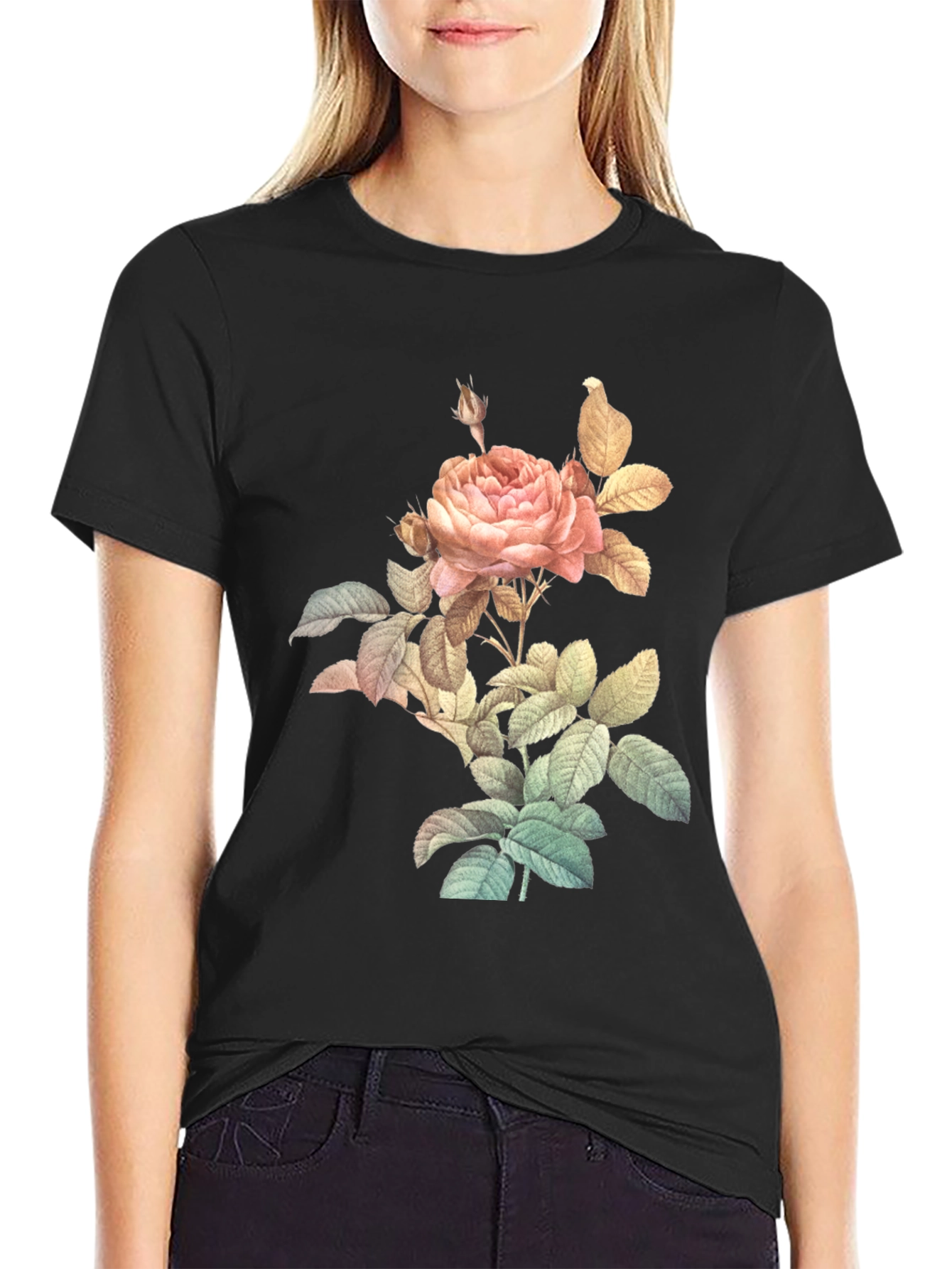 Vintage Rose Graphic Tee - Classic Black Cotton Shirt