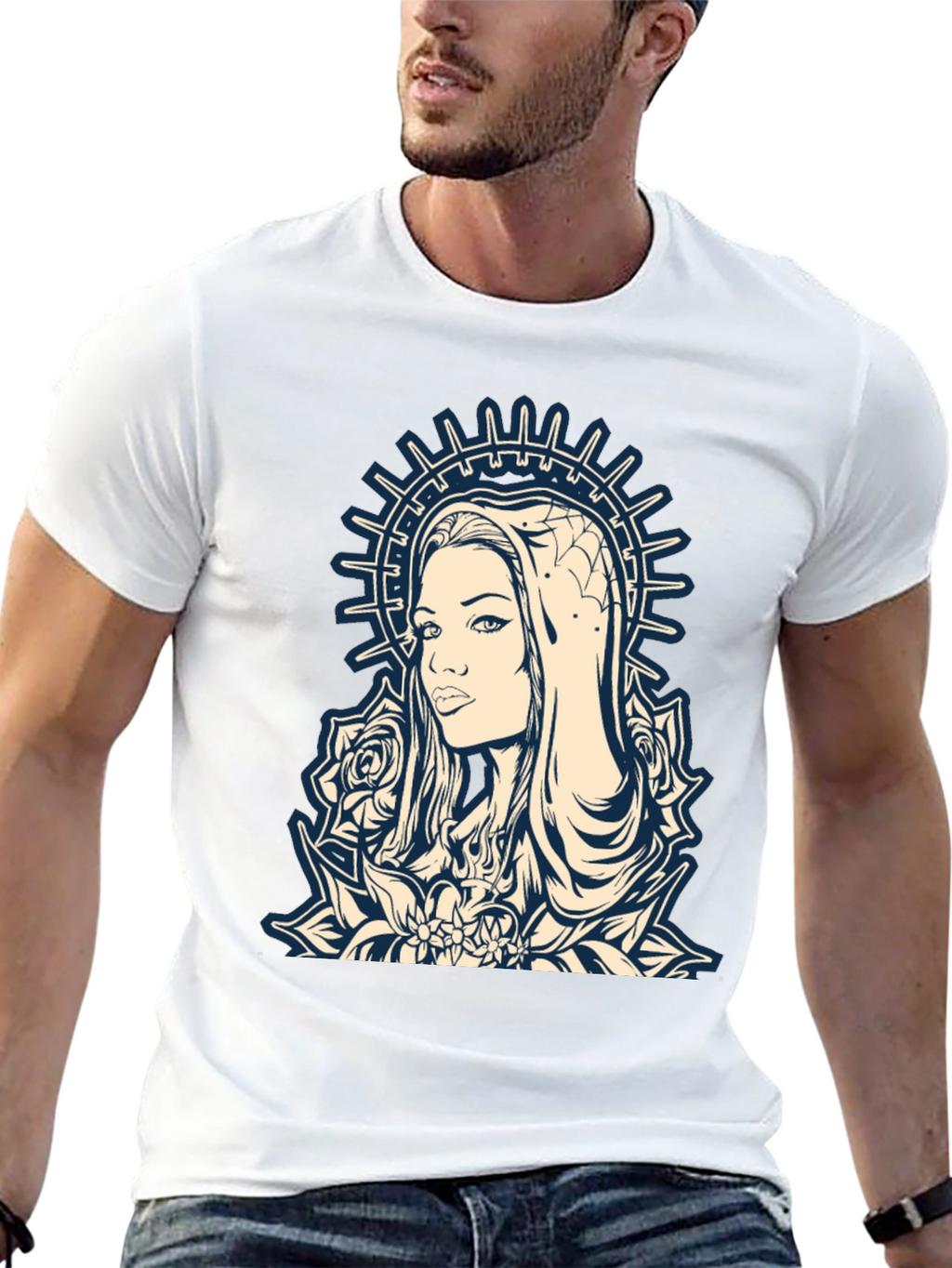 Graphic Tee - Madonna and Roses Black Cotton T-Shirt