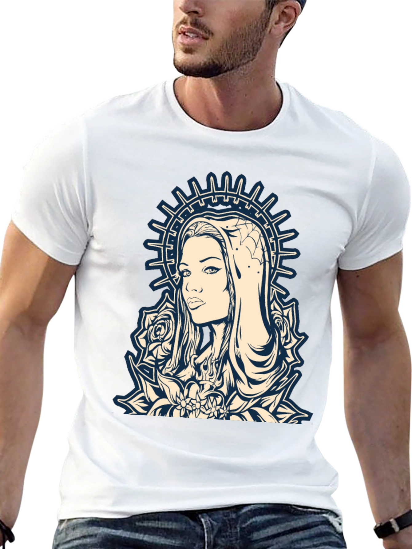 Graphic Tee - Madonna and Roses Black Cotton T-Shirt