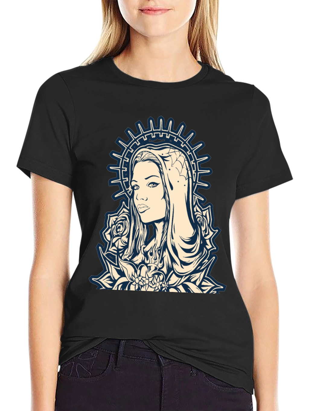 Graphic Tee - Madonna and Roses Black Cotton T-Shirt