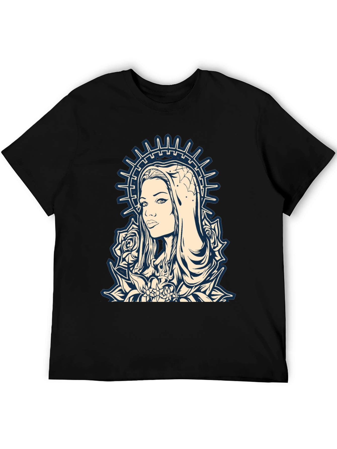 Graphic Tee - Madonna and Roses Black Cotton T-Shirt