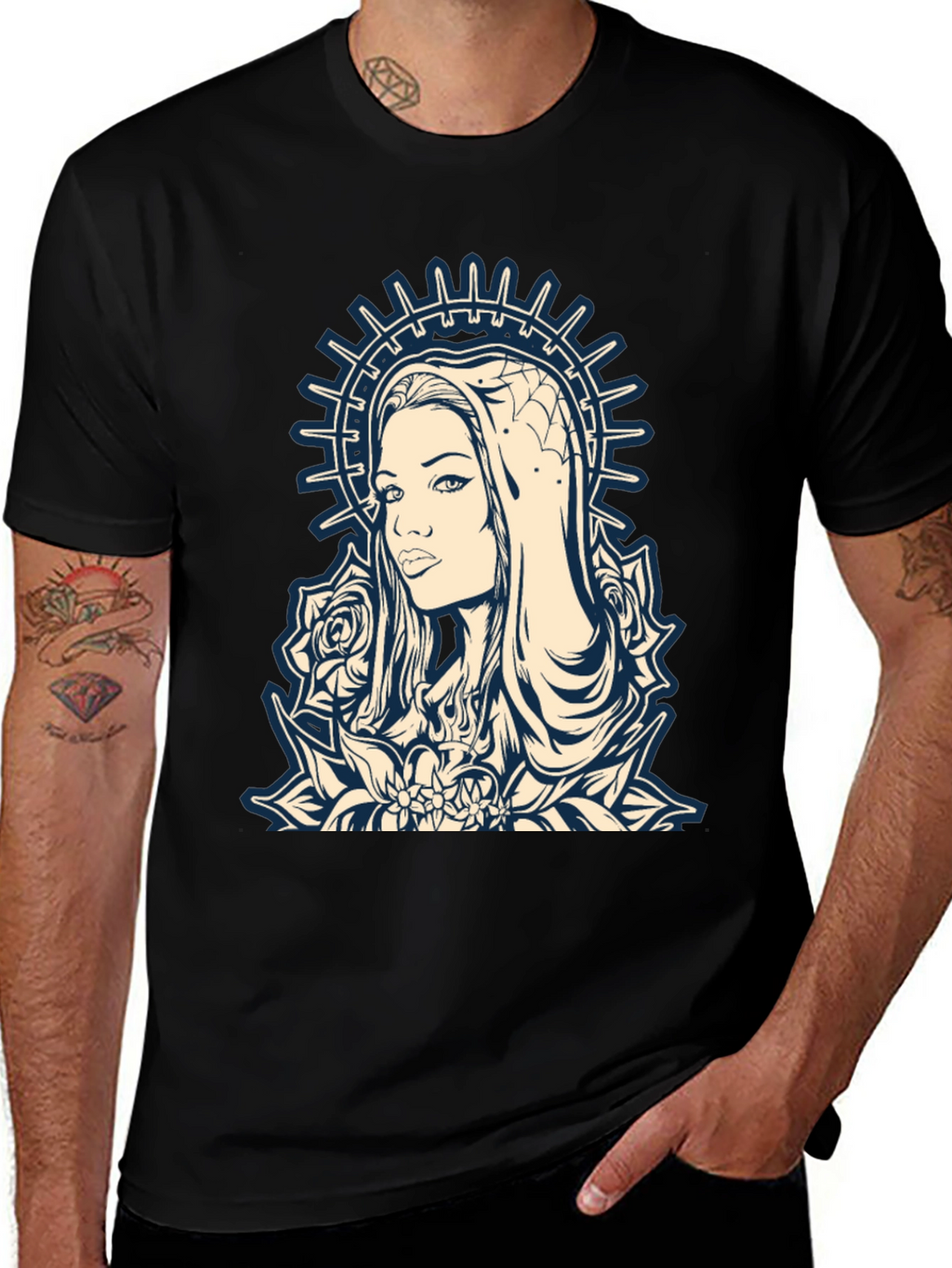 Graphic Tee - Madonna and Roses Black Cotton T-Shirt