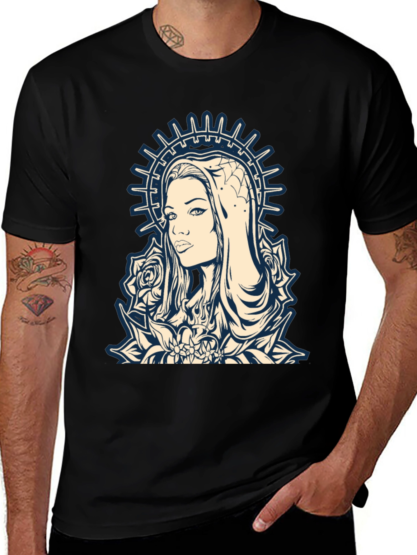 Graphic Tee - Madonna and Roses Black Cotton T-Shirt