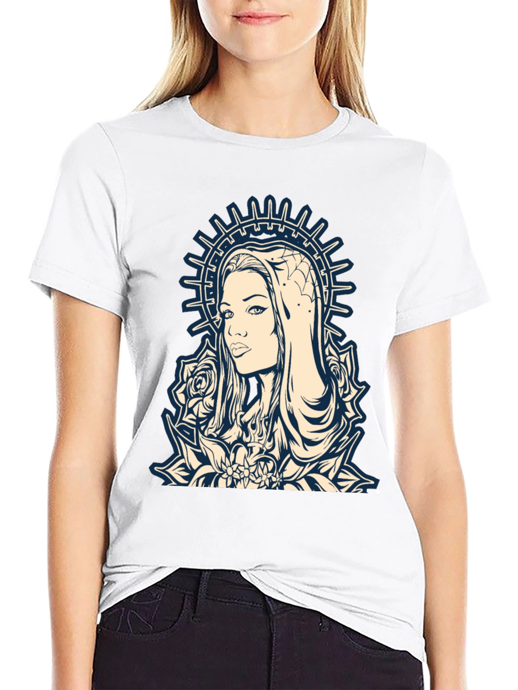 Graphic Tee - Madonna and Roses Black Cotton T-Shirt