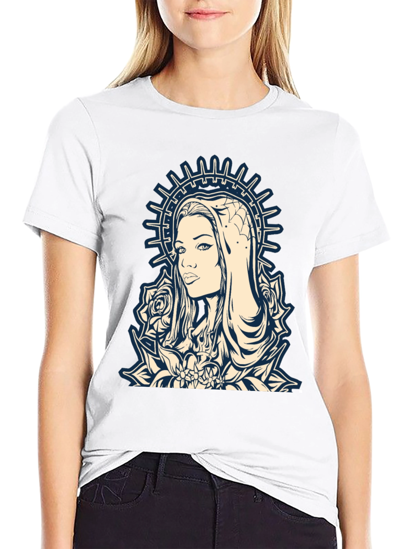 Graphic Tee - Madonna and Roses Black Cotton T-Shirt
