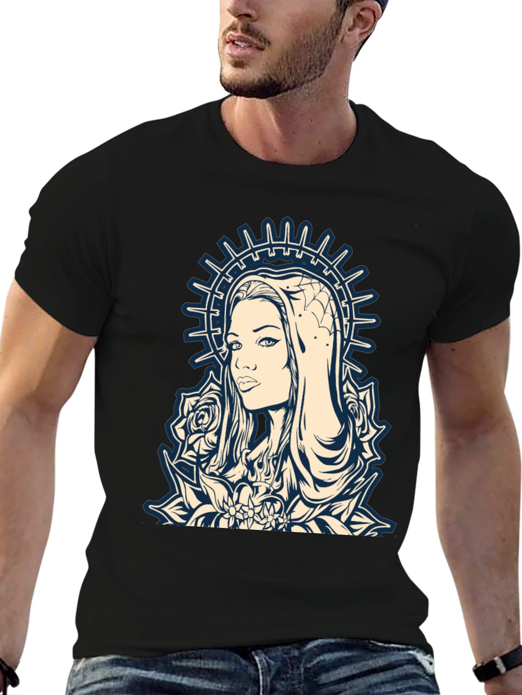 Graphic Tee - Madonna and Roses Black Cotton T-Shirt