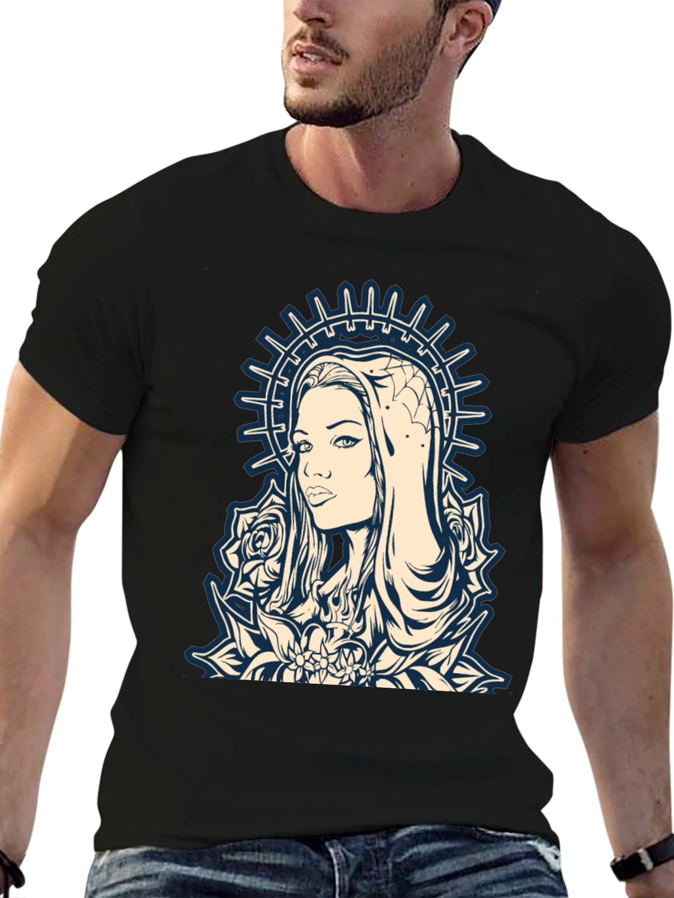 Graphic Tee - Madonna and Roses Black Cotton T-Shirt