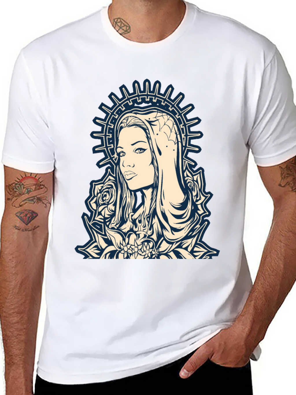 Graphic Tee - Madonna and Roses Black Cotton T-Shirt