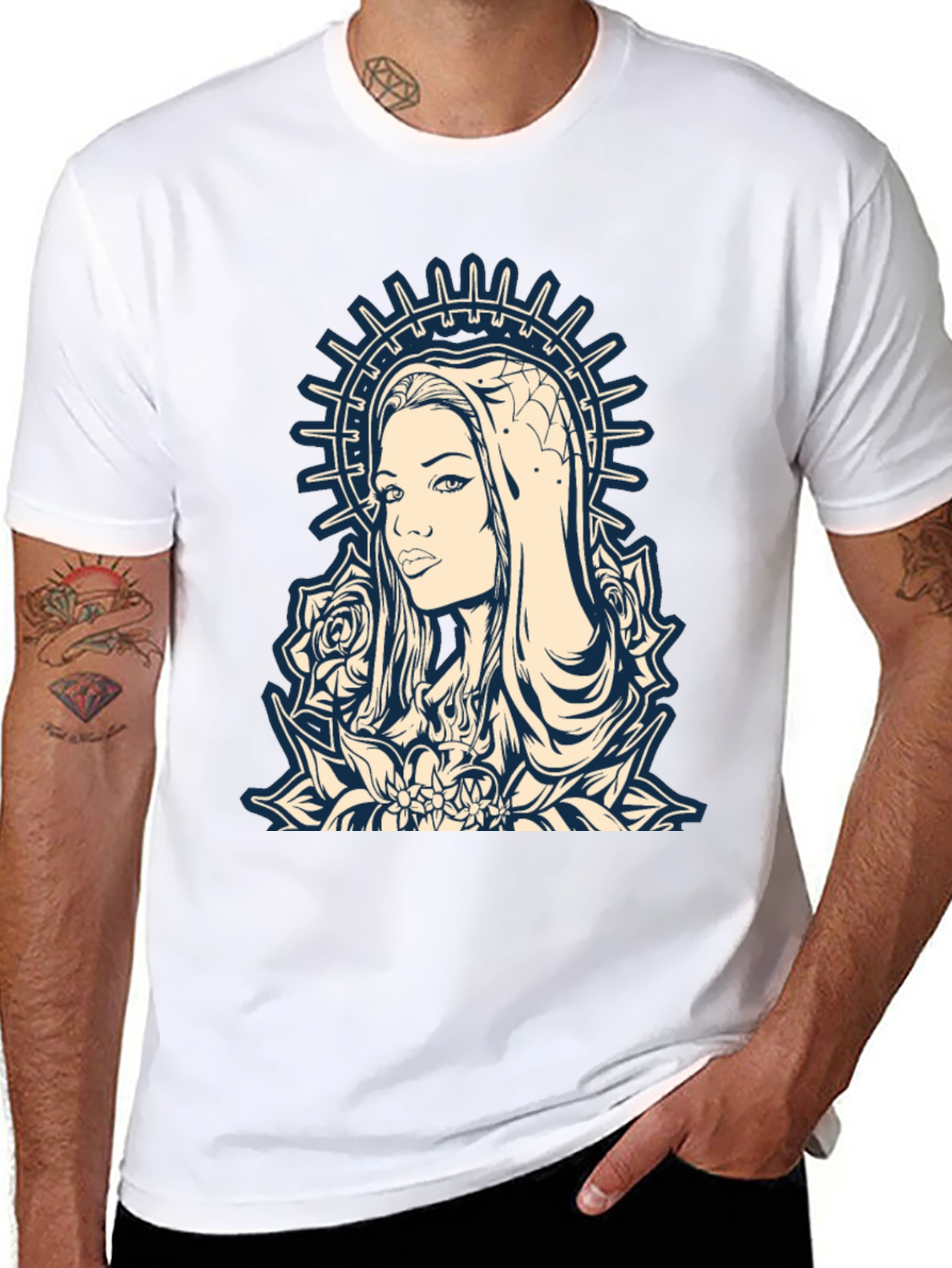 Graphic Tee - Madonna and Roses Black Cotton T-Shirt