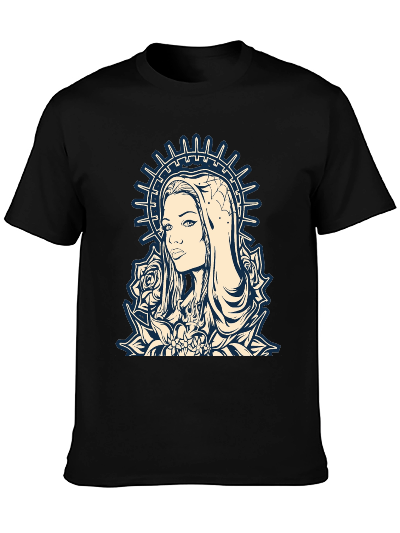 Graphic Tee - Madonna and Roses Black Cotton T-Shirt