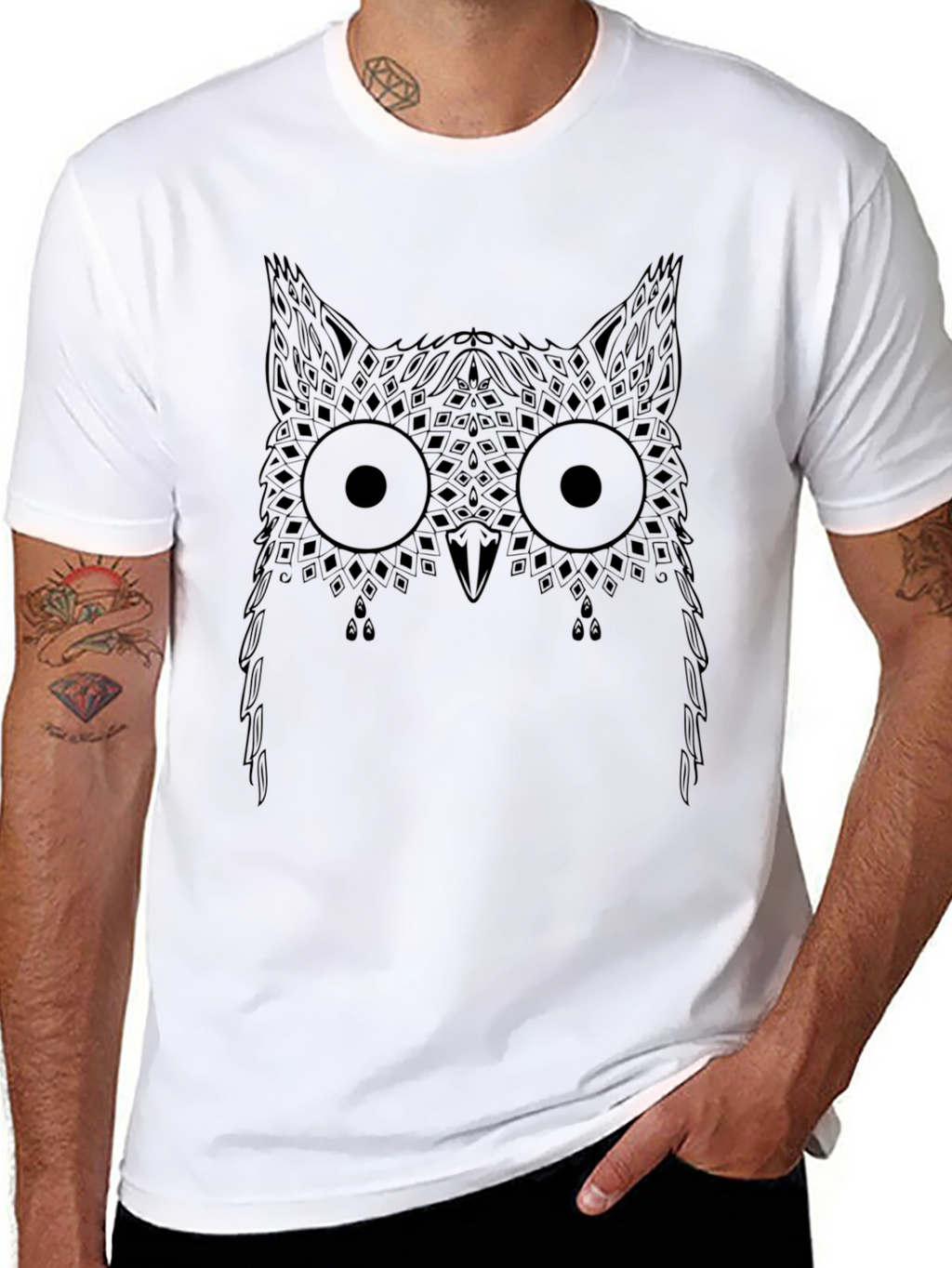 Geometric Owl Print Black T-Shirt