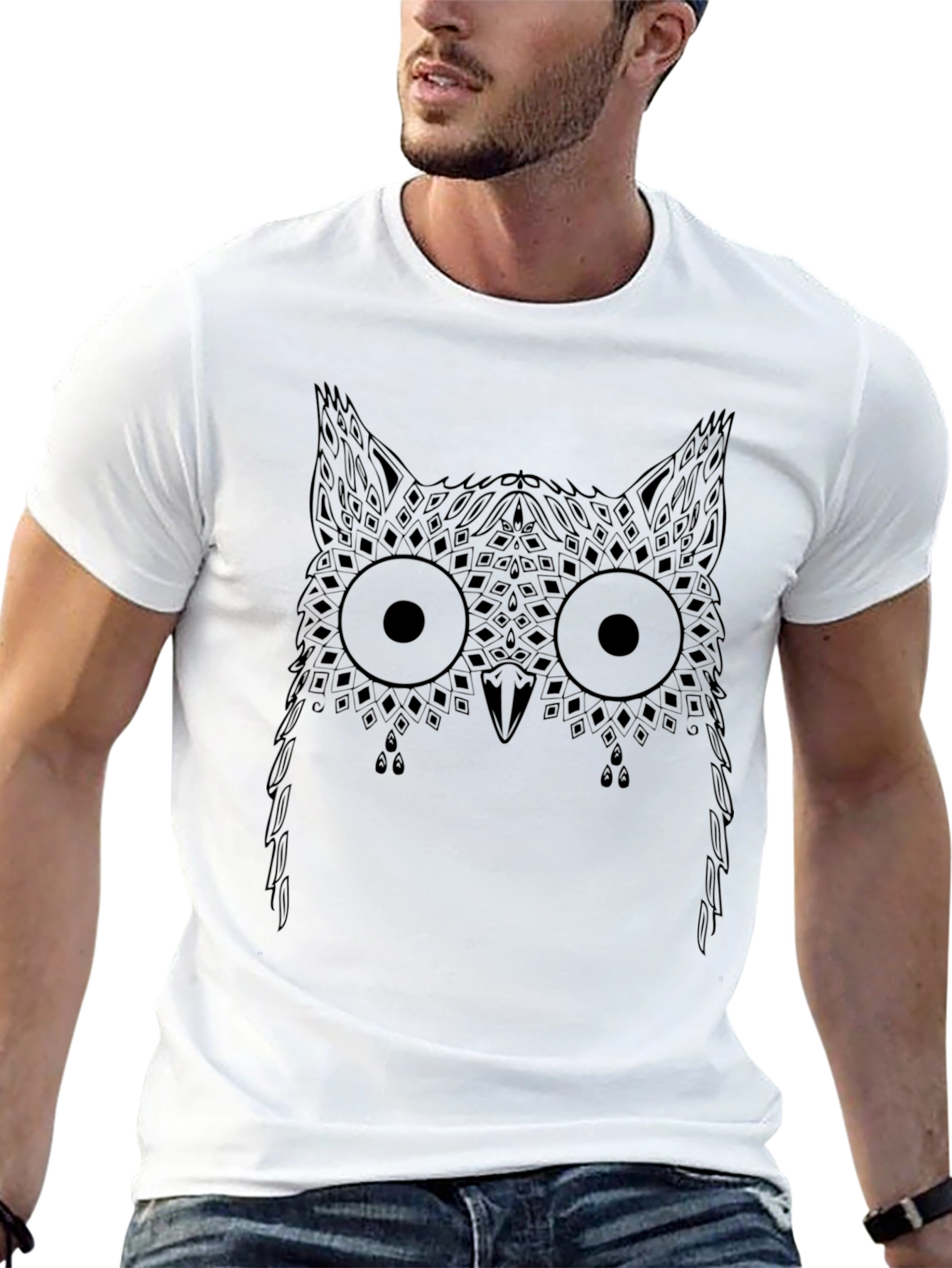Geometric Owl Print Black T-Shirt