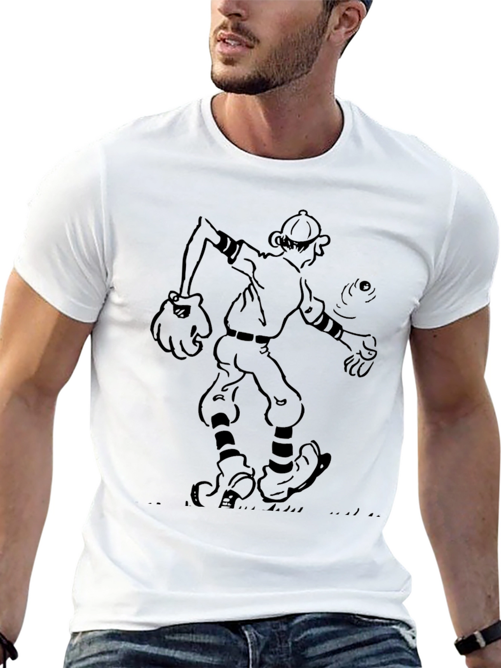 Cartoon Baseball Player Black T-Shirt