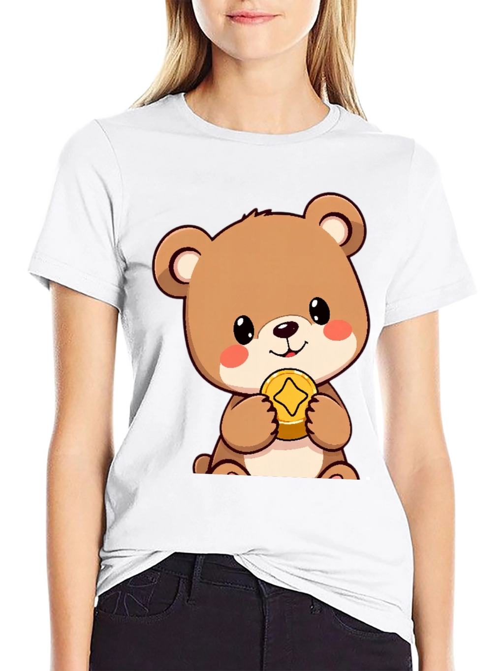Cute Bear with Coin Black T-Shirt