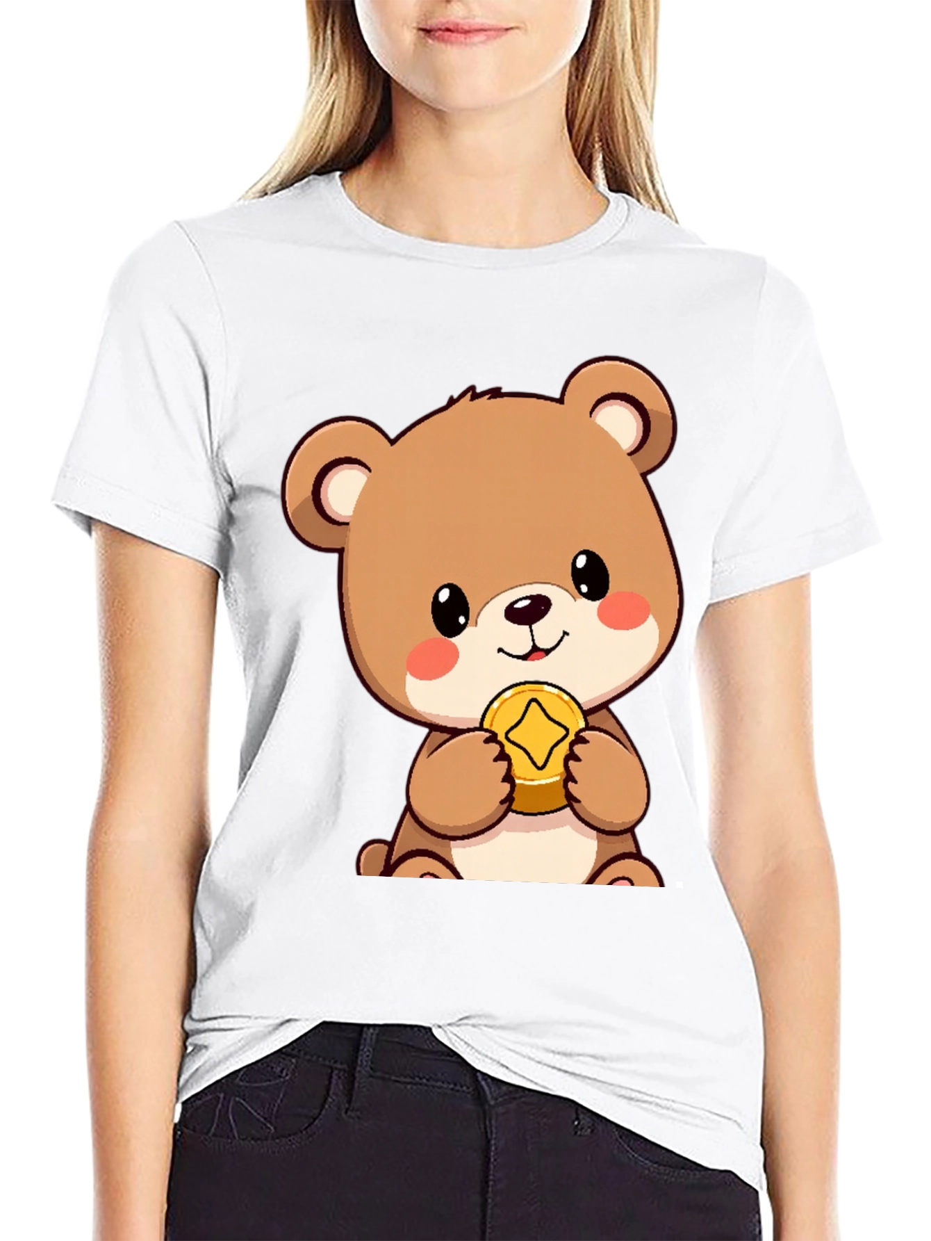 Cute Bear with Coin Black T-Shirt