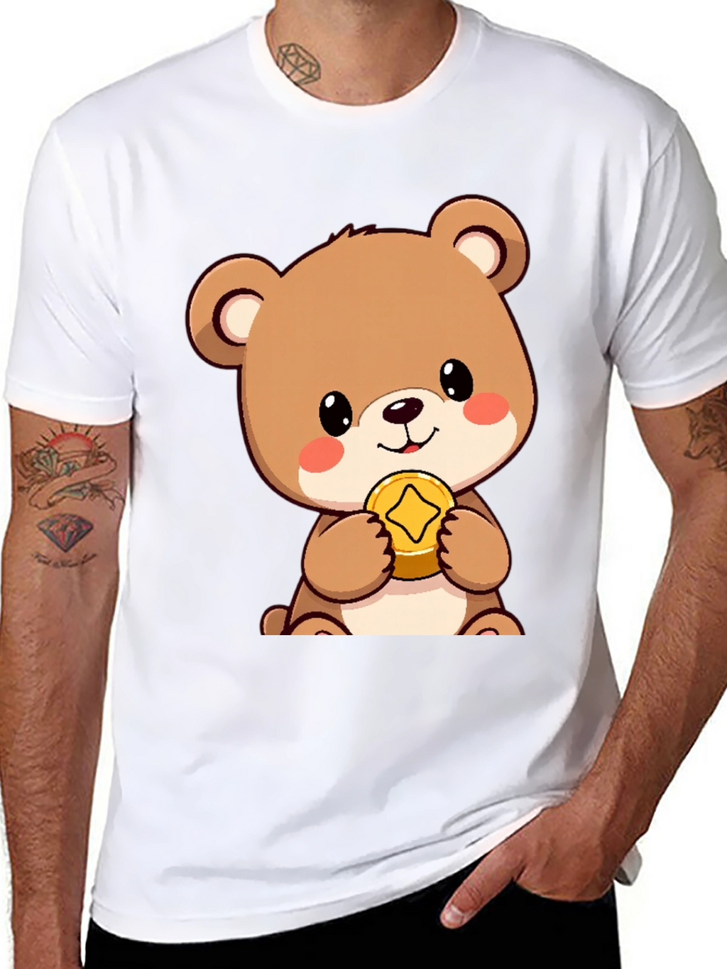 Cute Bear with Coin Black T-Shirt