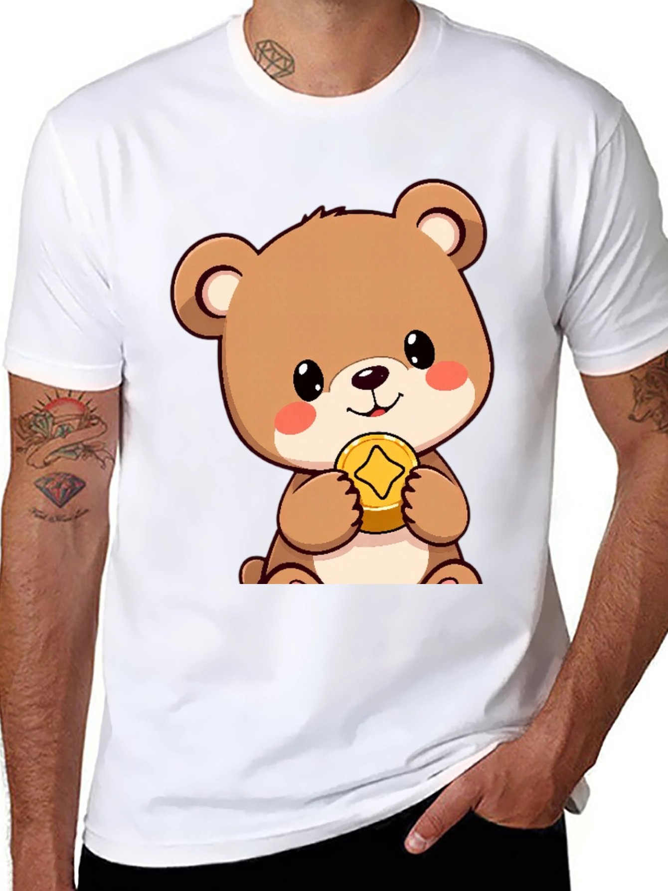 Cute Bear with Coin Black T-Shirt