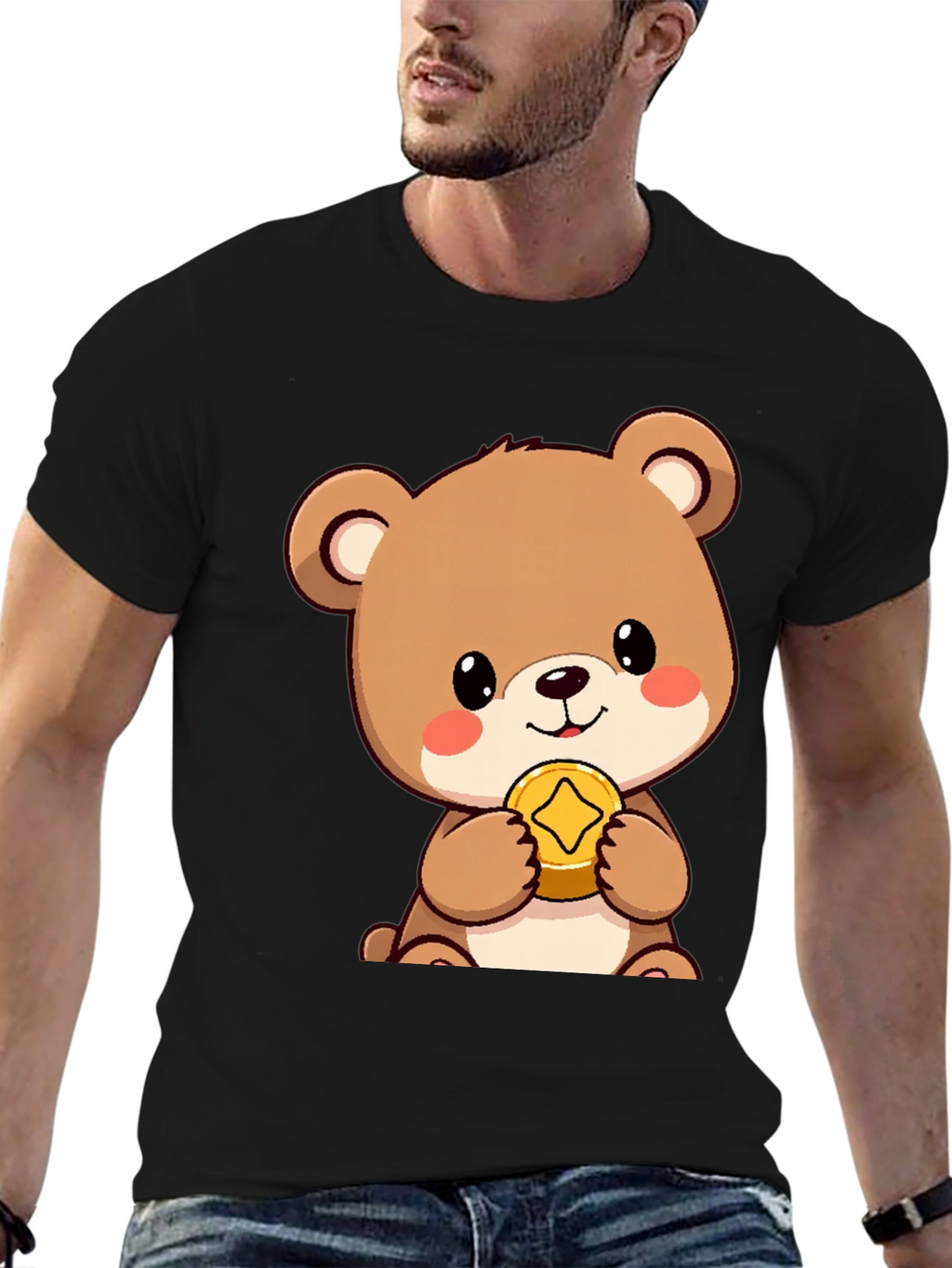 Cute Bear with Coin Black T-Shirt