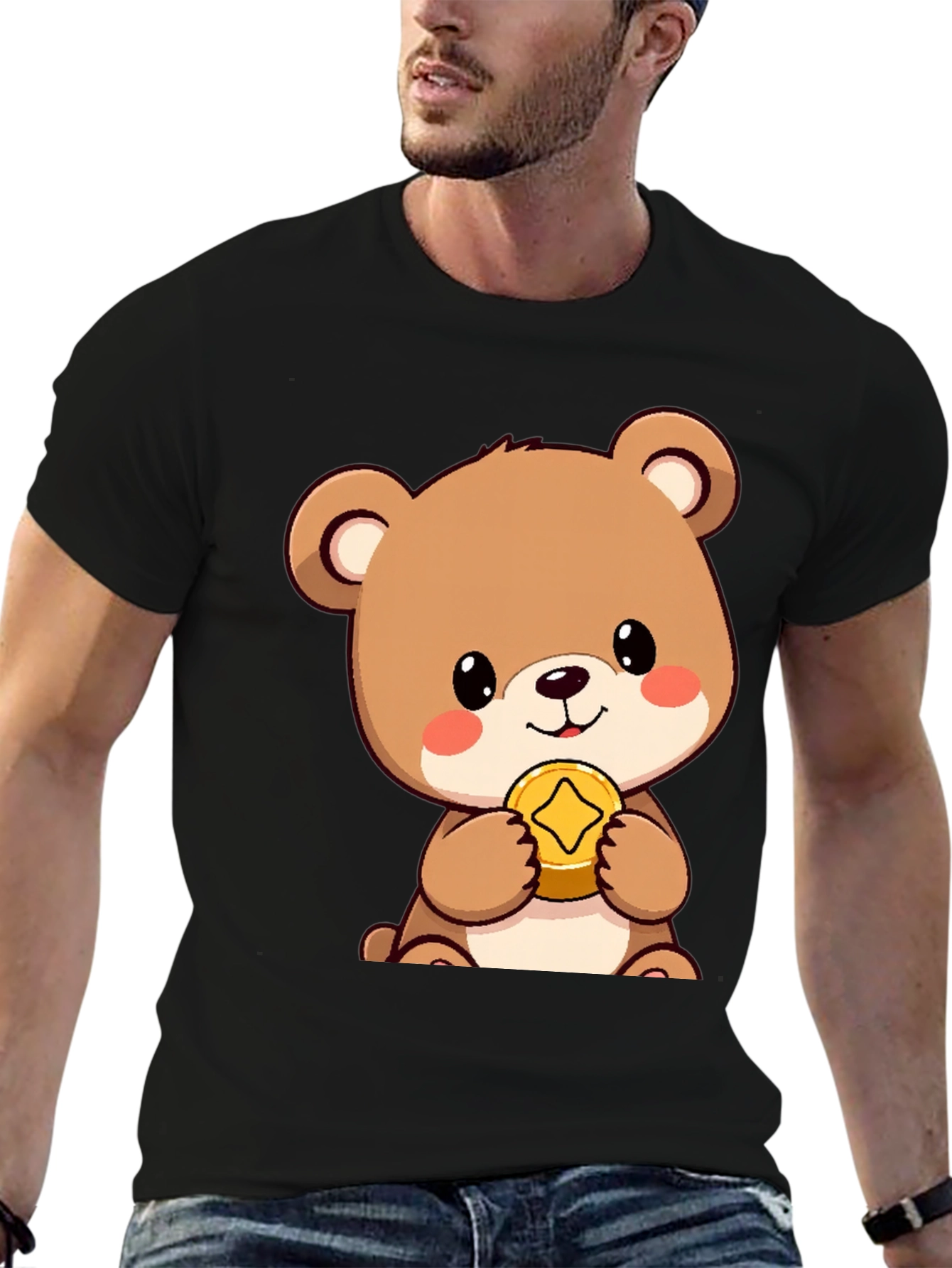 Cute Bear with Coin Black T-Shirt