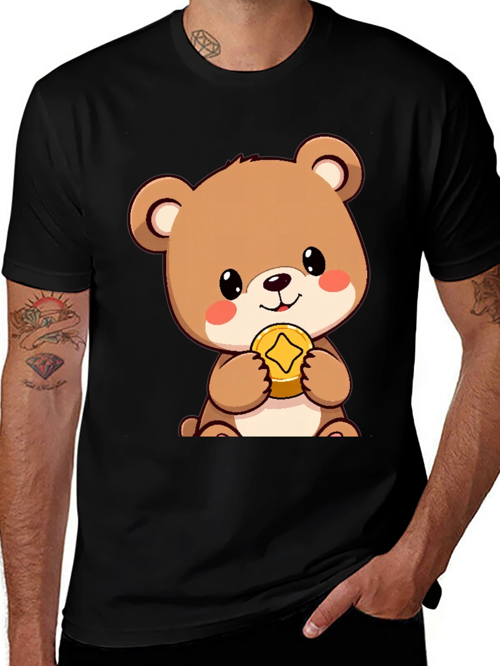 Cute Bear with Coin Black T-Shirt
