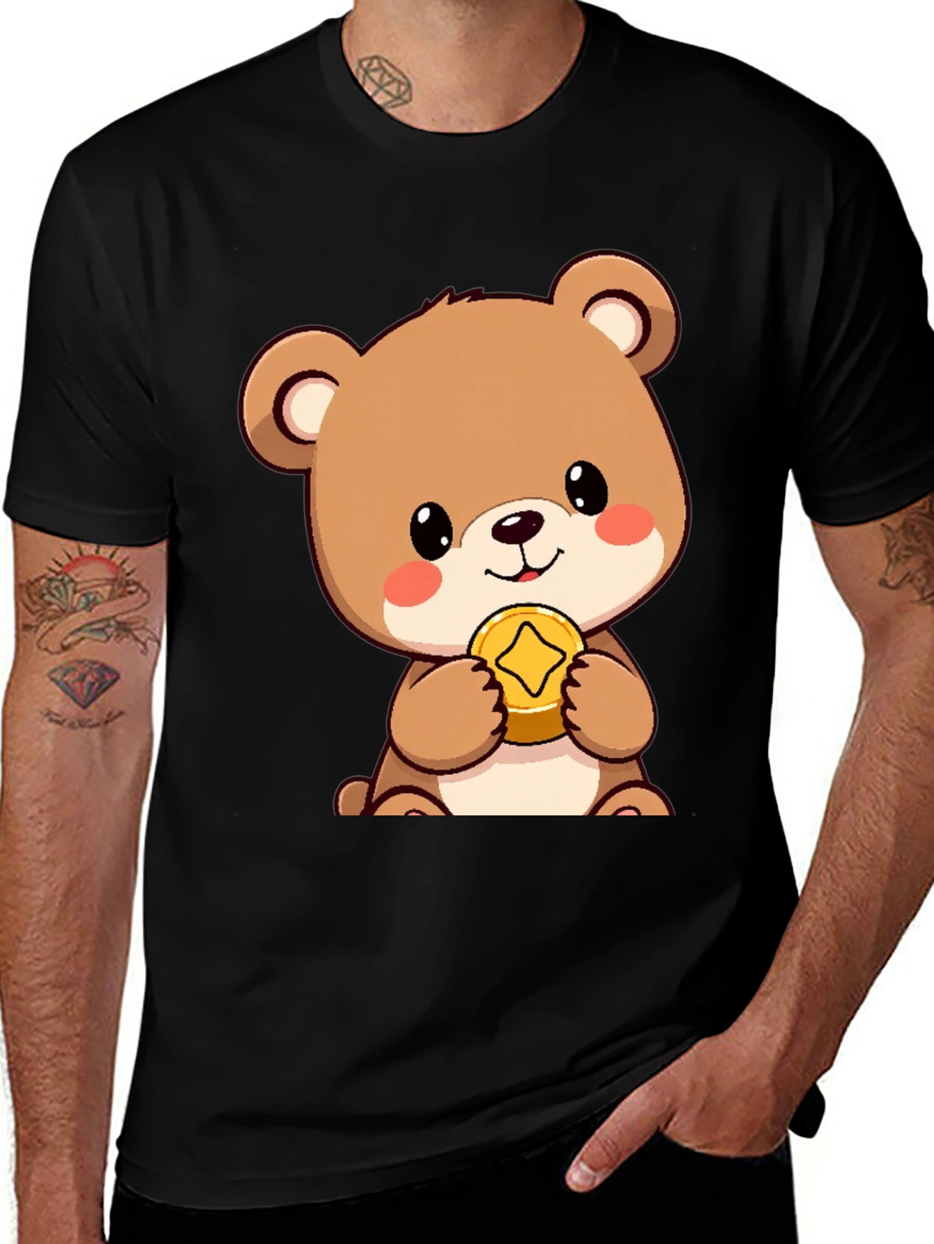 Cute Bear with Coin Black T-Shirt