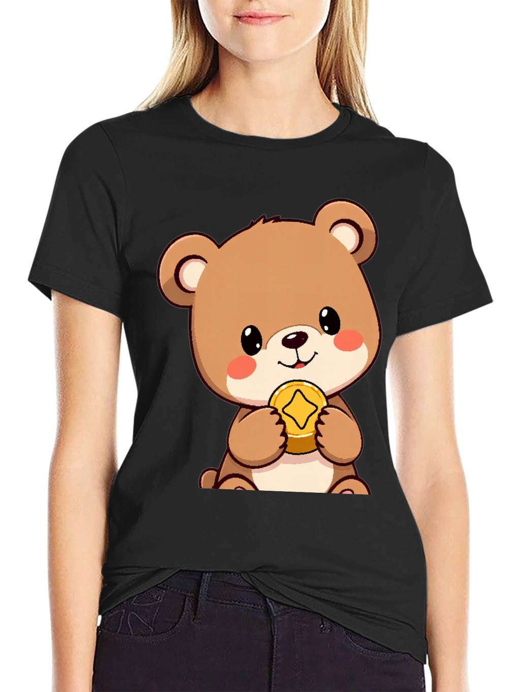 Cute Bear with Coin Black T-Shirt