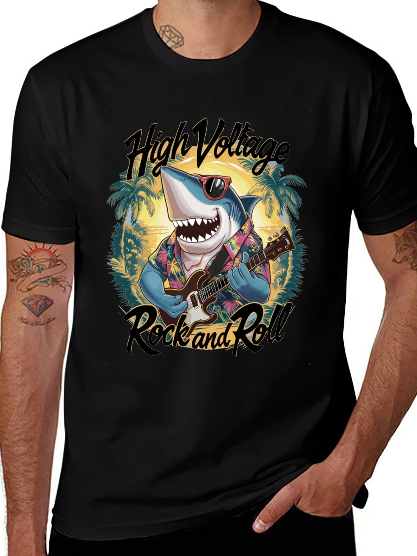 Shark Guitarist Graphic T-Shirt - High Voltage Rock & Roll