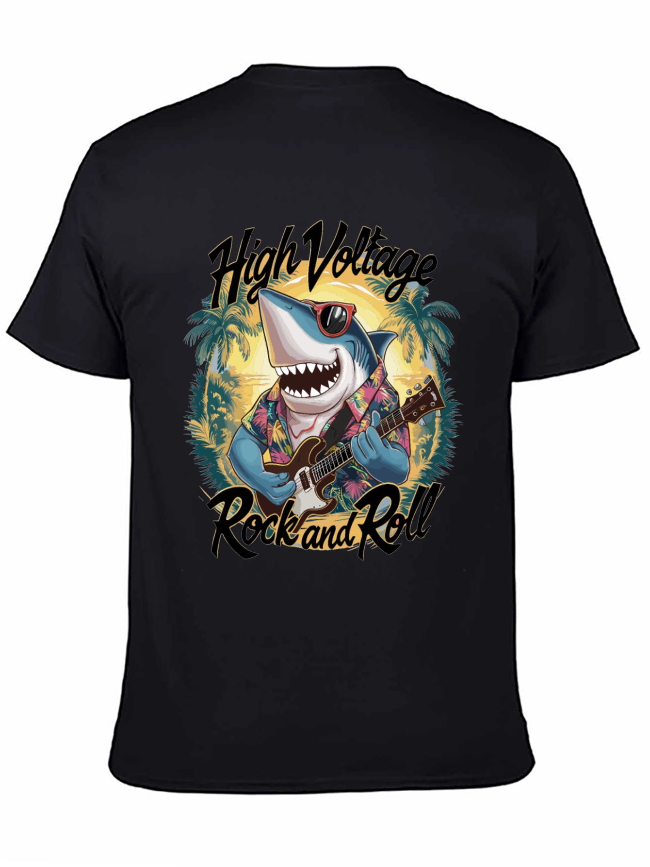 Shark Guitarist Graphic T-Shirt - High Voltage Rock & Roll