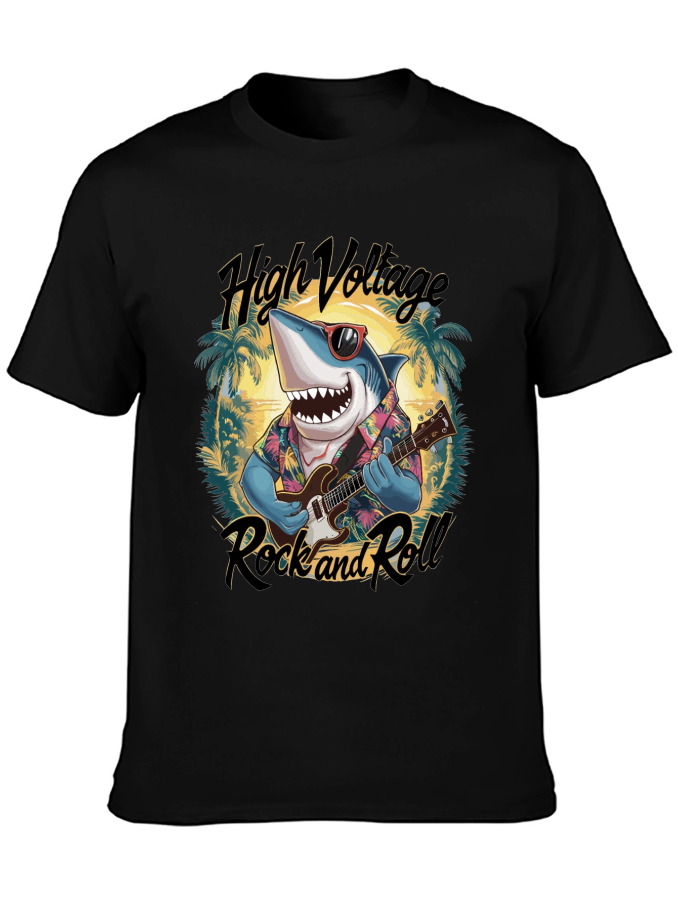 Shark Guitarist Graphic T-Shirt - High Voltage Rock & Roll