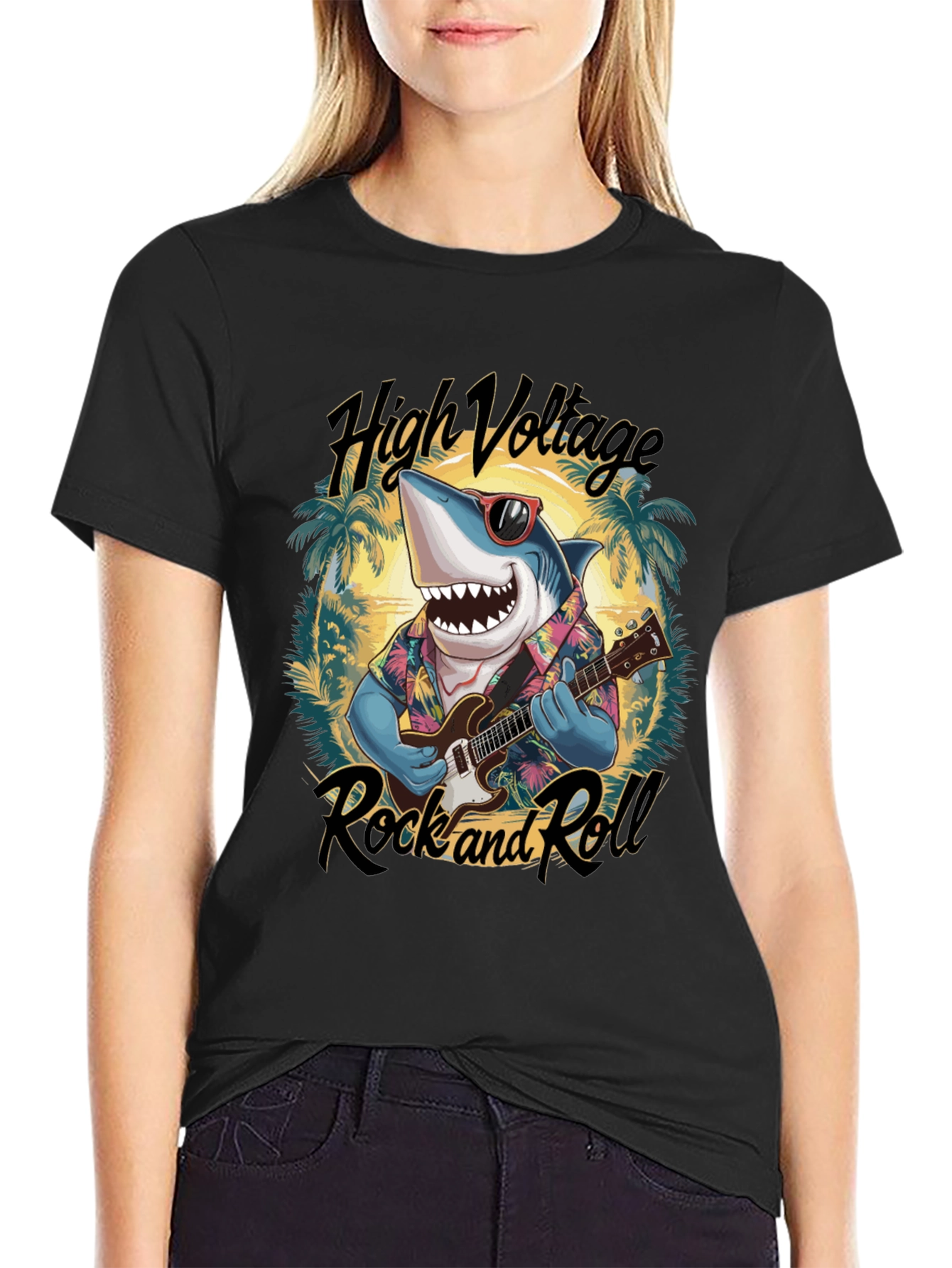 Shark Guitarist Graphic T-Shirt - High Voltage Rock & Roll