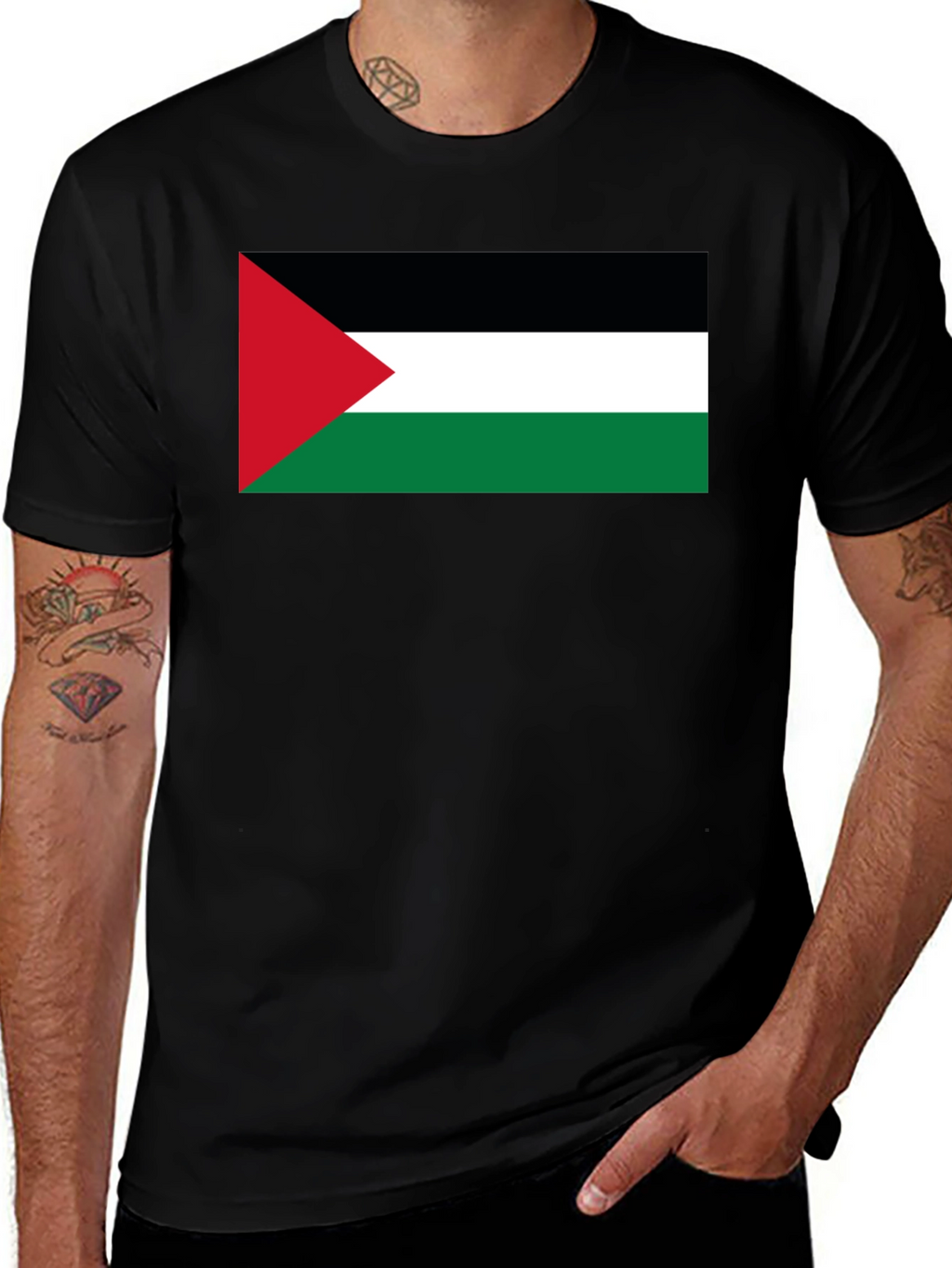 Palestine Flag T-Shirt - Black Crew Neck Tee