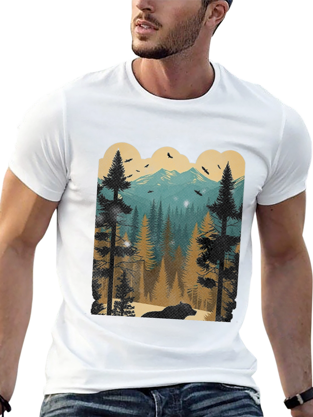 Nature Scene Graphic Tee - Bear in Woods Design