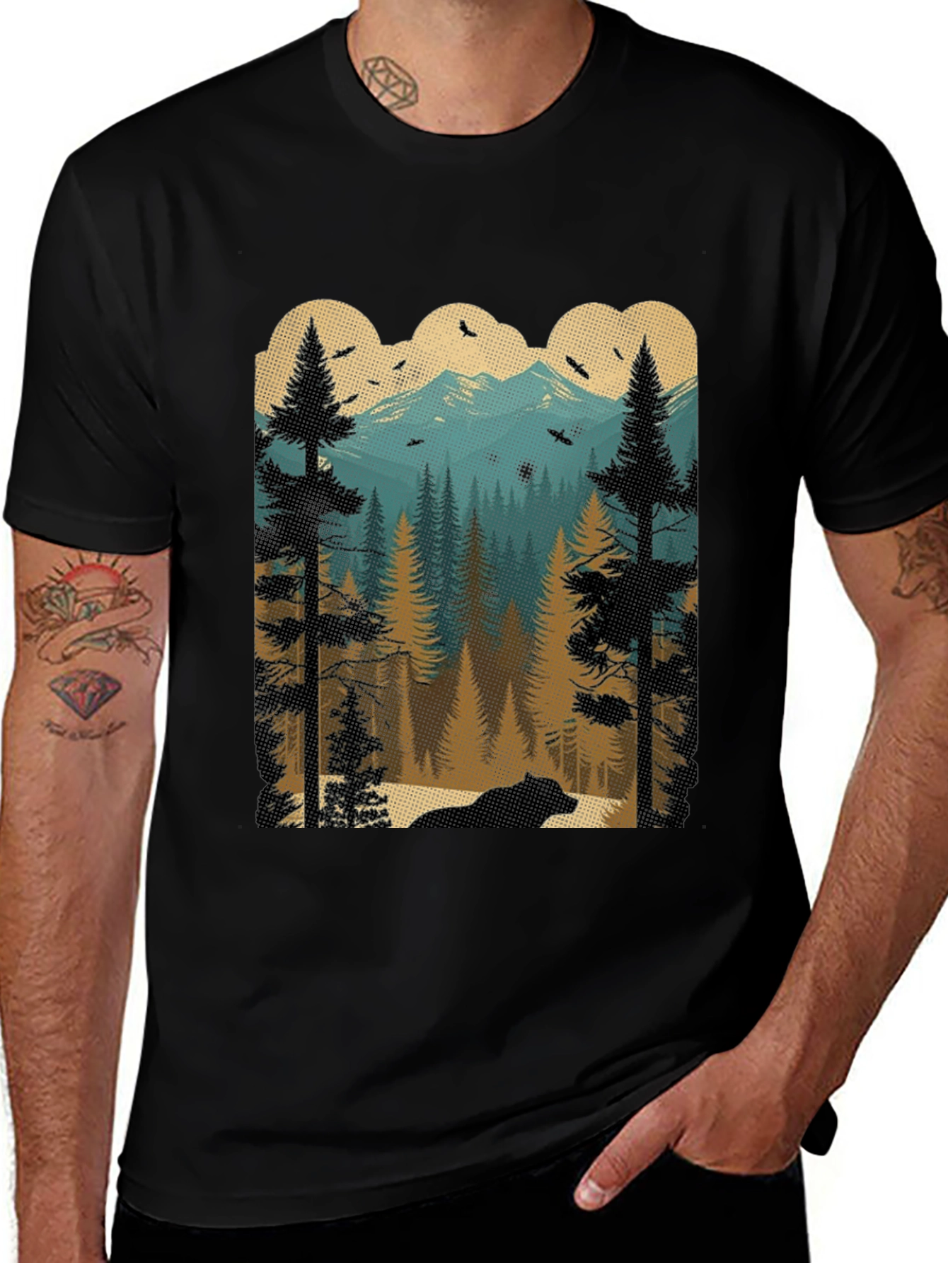 Nature Scene Graphic Tee - Bear in Woods Design