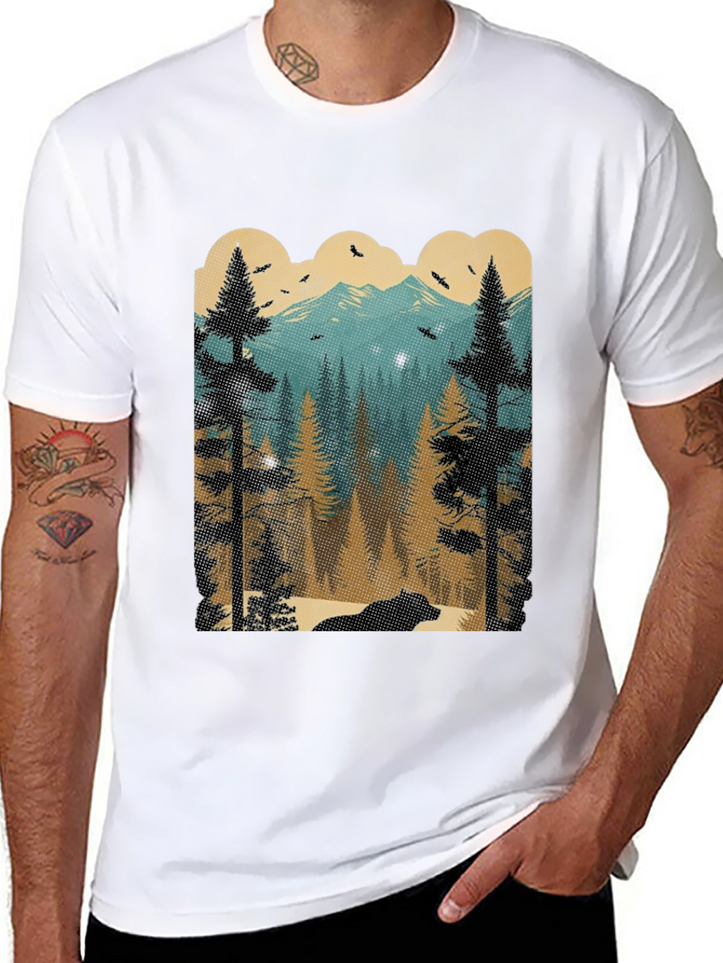 Nature Scene Graphic Tee - Bear in Woods Design