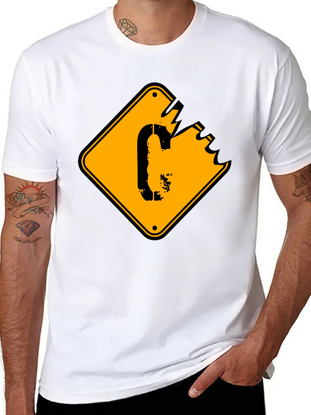 Mens Black T-shirt with Yellow Sign Graphic