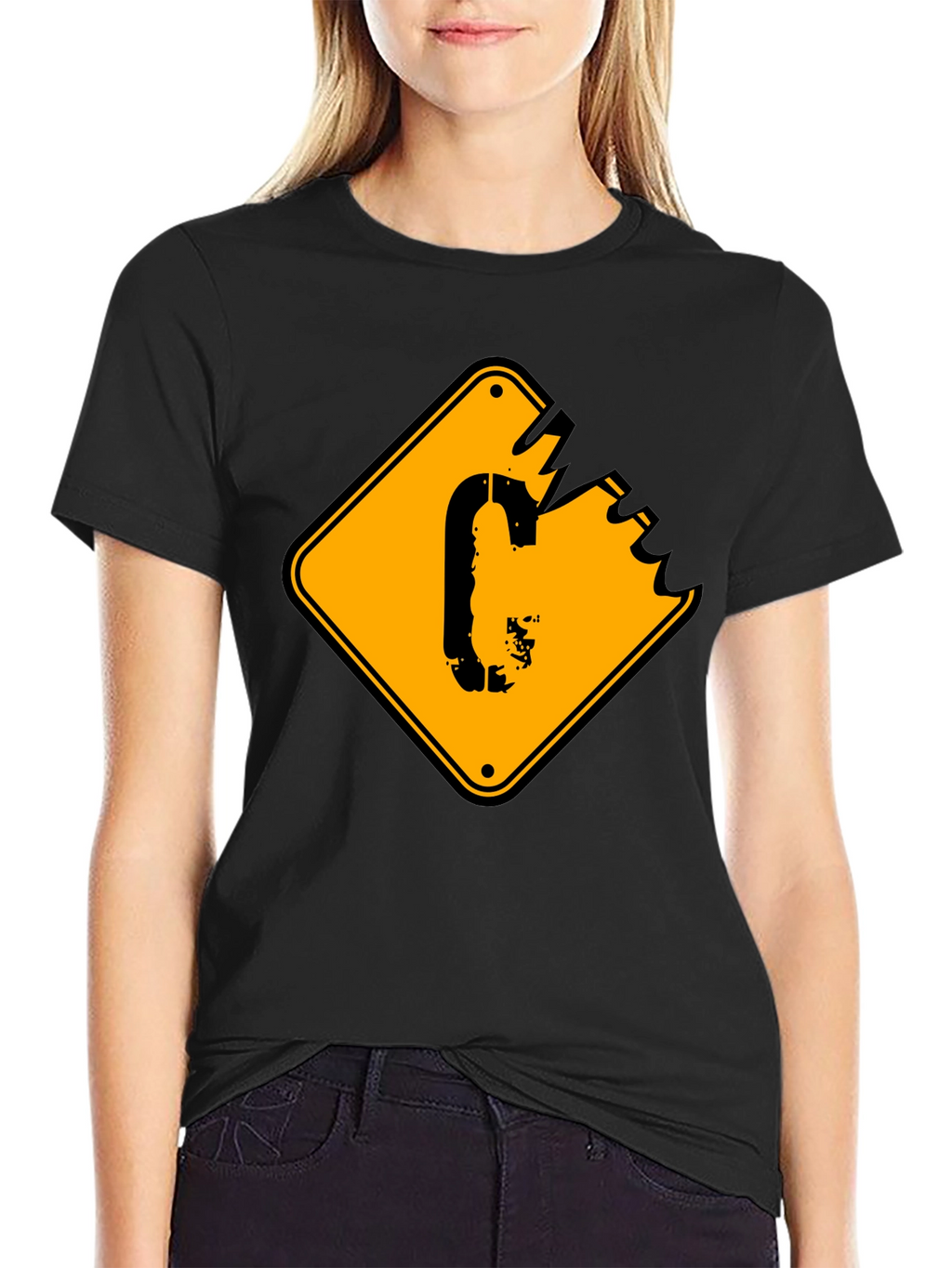 Mens Black T-shirt with Yellow Sign Graphic
