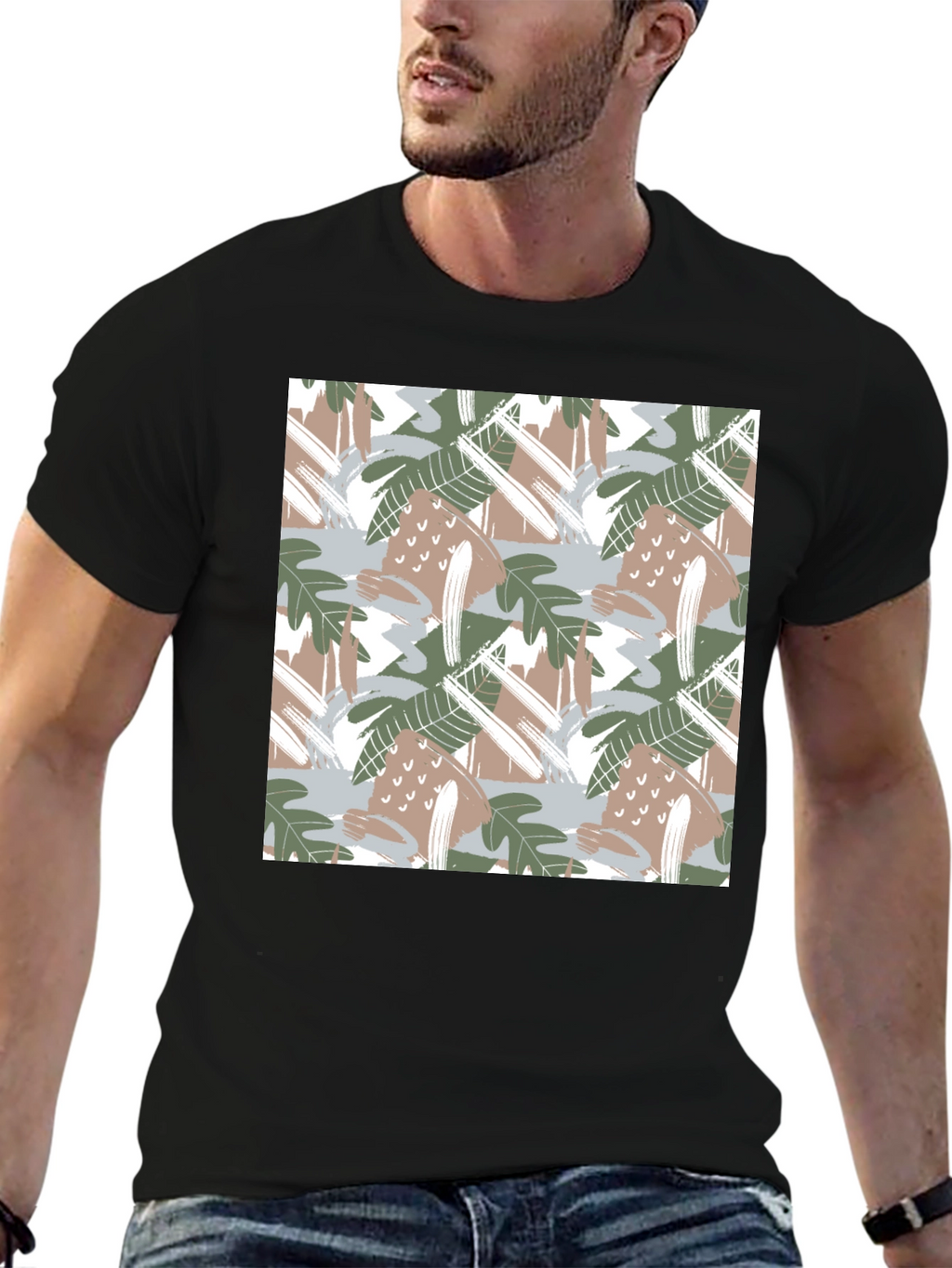Trendy Abstract Leaf Print Black T-Shirt