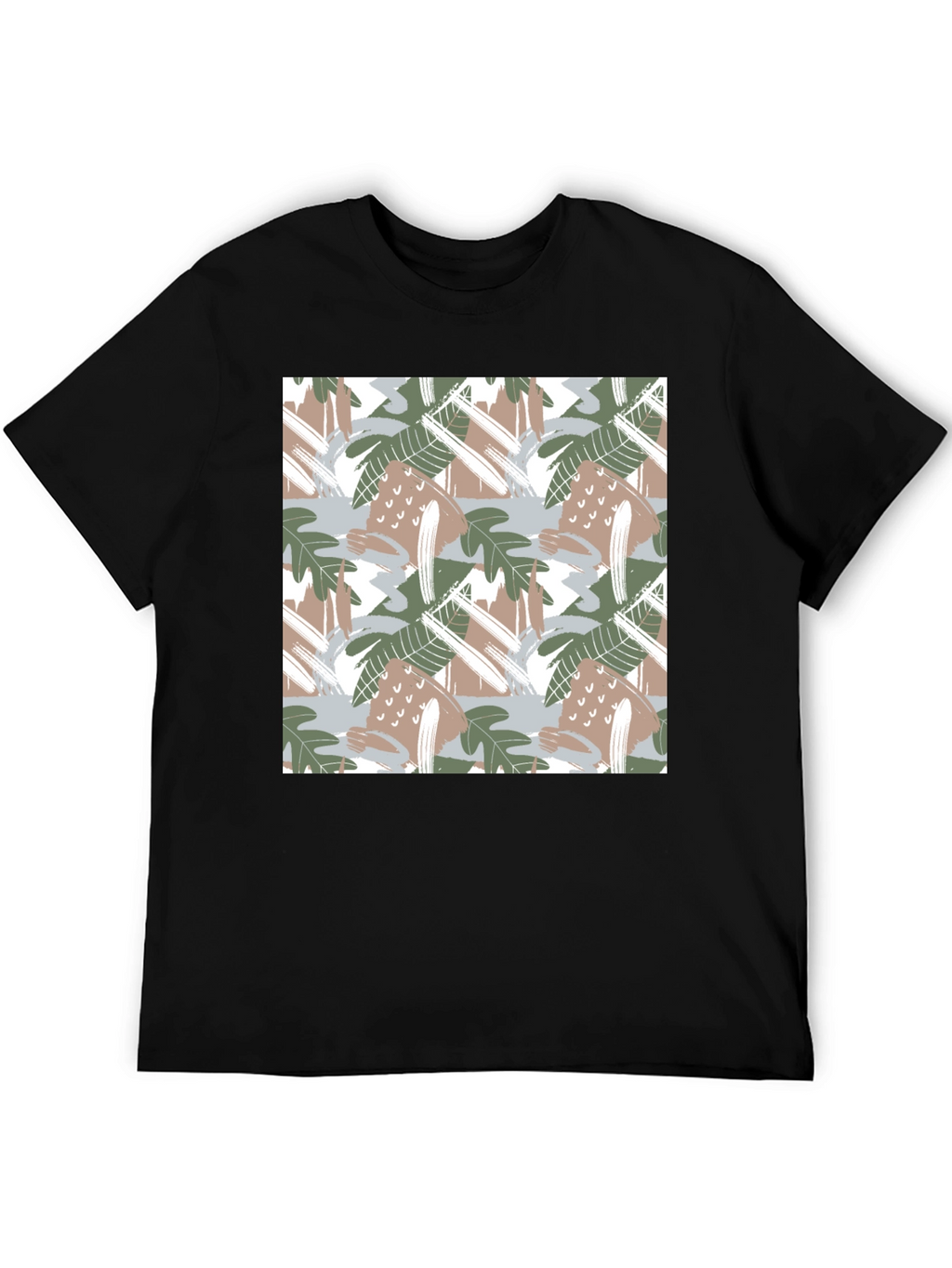 Trendy Abstract Leaf Print Black T-Shirt