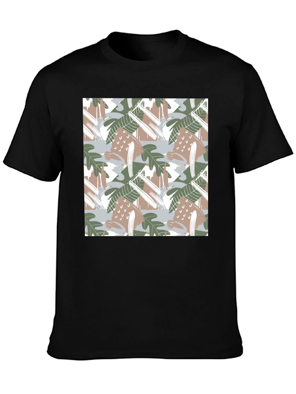 Trendy Abstract Leaf Print Black T-Shirt