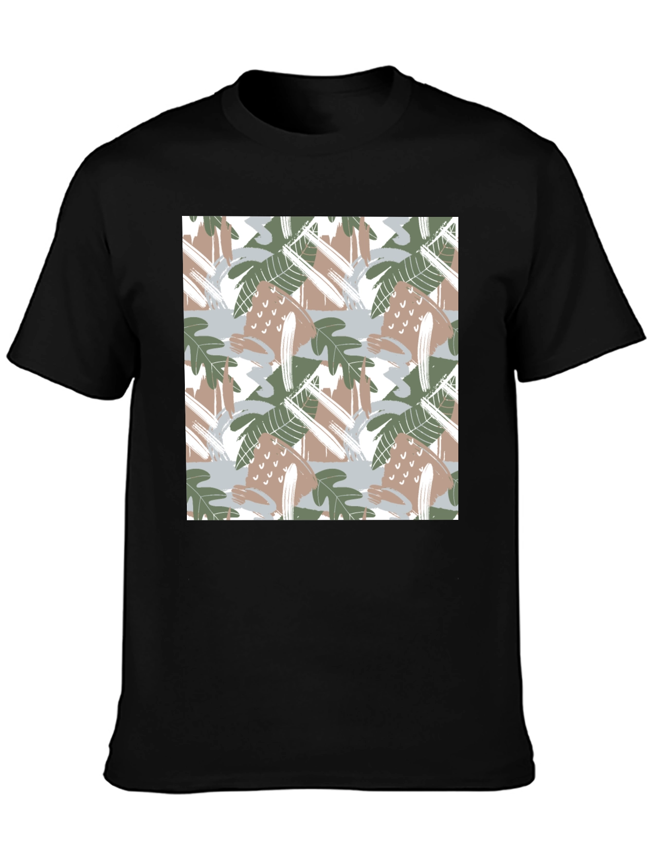Trendy Abstract Leaf Print Black T-Shirt